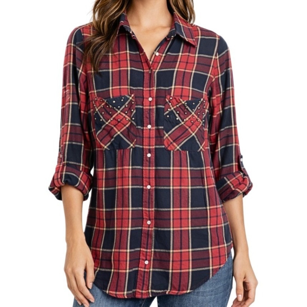 Zara Woman Red Navy Plaid Studded Pocket Flannel Button Down Shirt Size M